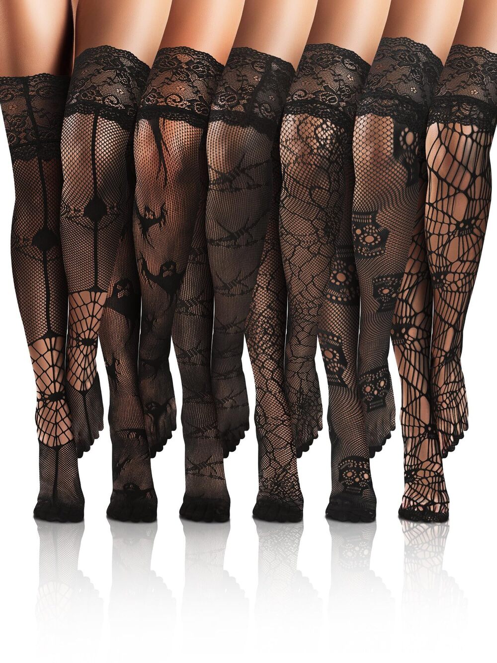 6844 6 Pairs Fishnet Thigh High Stocking Silicone Lace Top Skull Spider Web